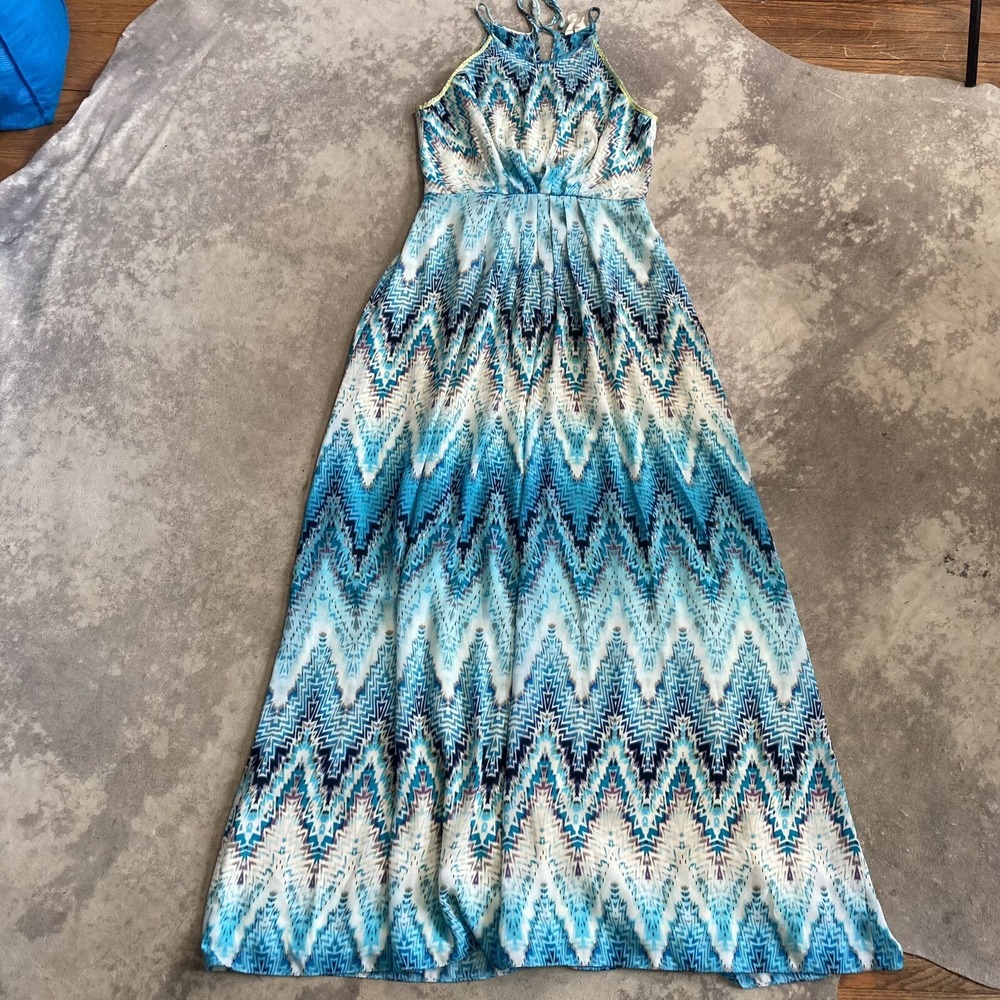 Kenji Maxi Dress Womens 4 Watercolor Chevron Blue Multicolor Sleeveless Maxi